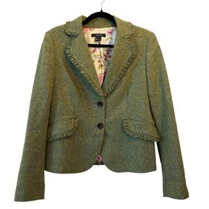 Karen Kane Olive Tweed Wool Blend Blazer with Floral Silk Lining Size 8 Academia
